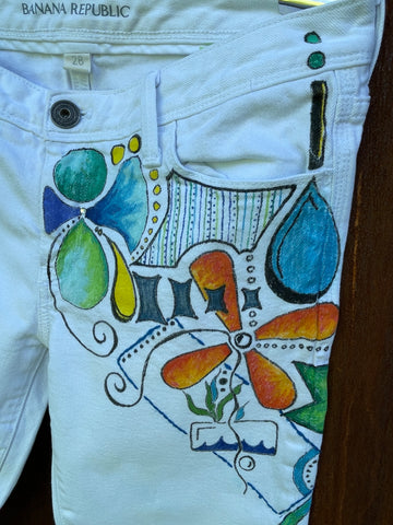 White Denim Embellished Pants - 0