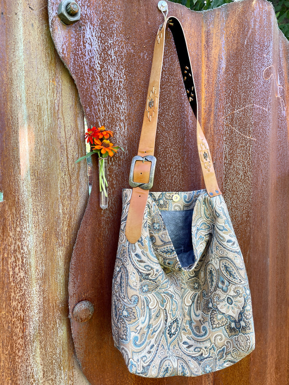 Purse - Grey/Blue Paisley with Beaded Strap